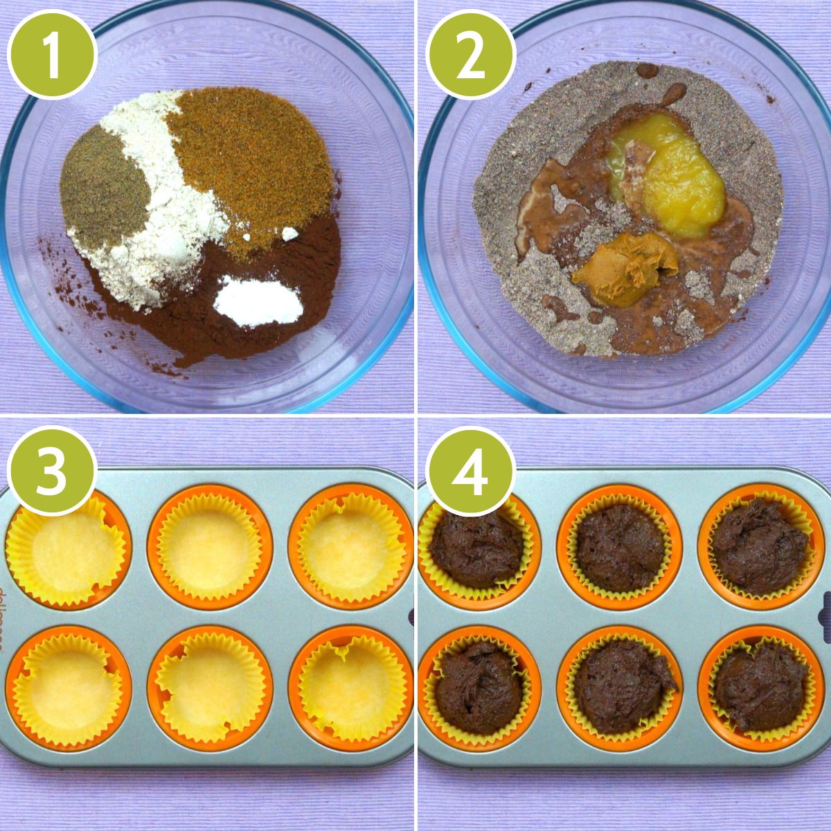 4 photo collage showing first a glass mixing bowl with drey then wet ingredients. Then two photos of a muffin tin empty and filled