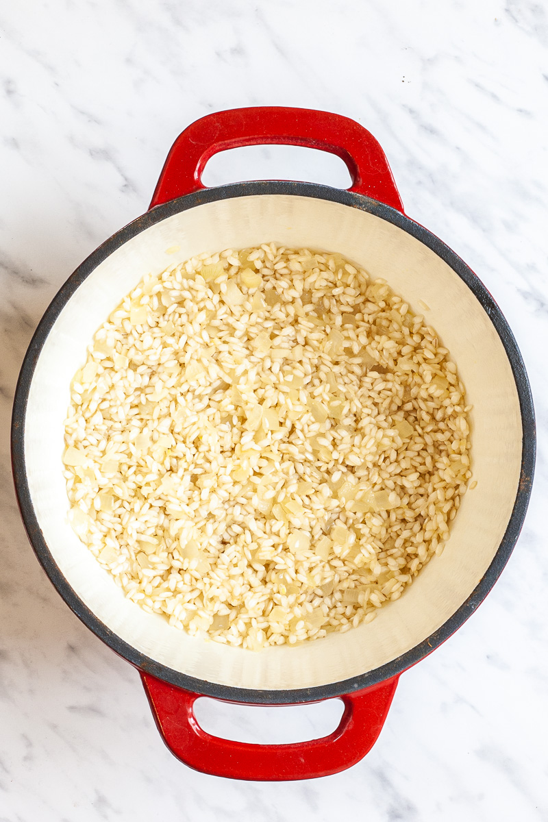Red white cast iron skillet with rice