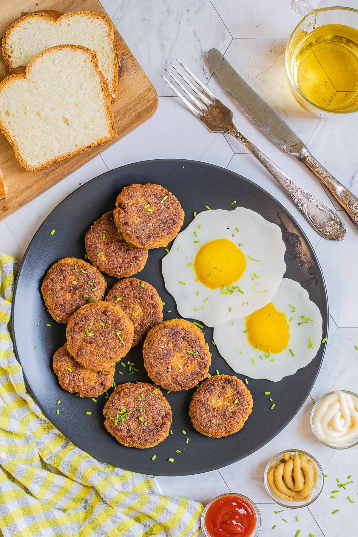 Nine round flat crispy brown sausage patties on a black plate served with fried egg look-alikes. Condiments, bread, utensils, and a glass of juice is placed next to it.