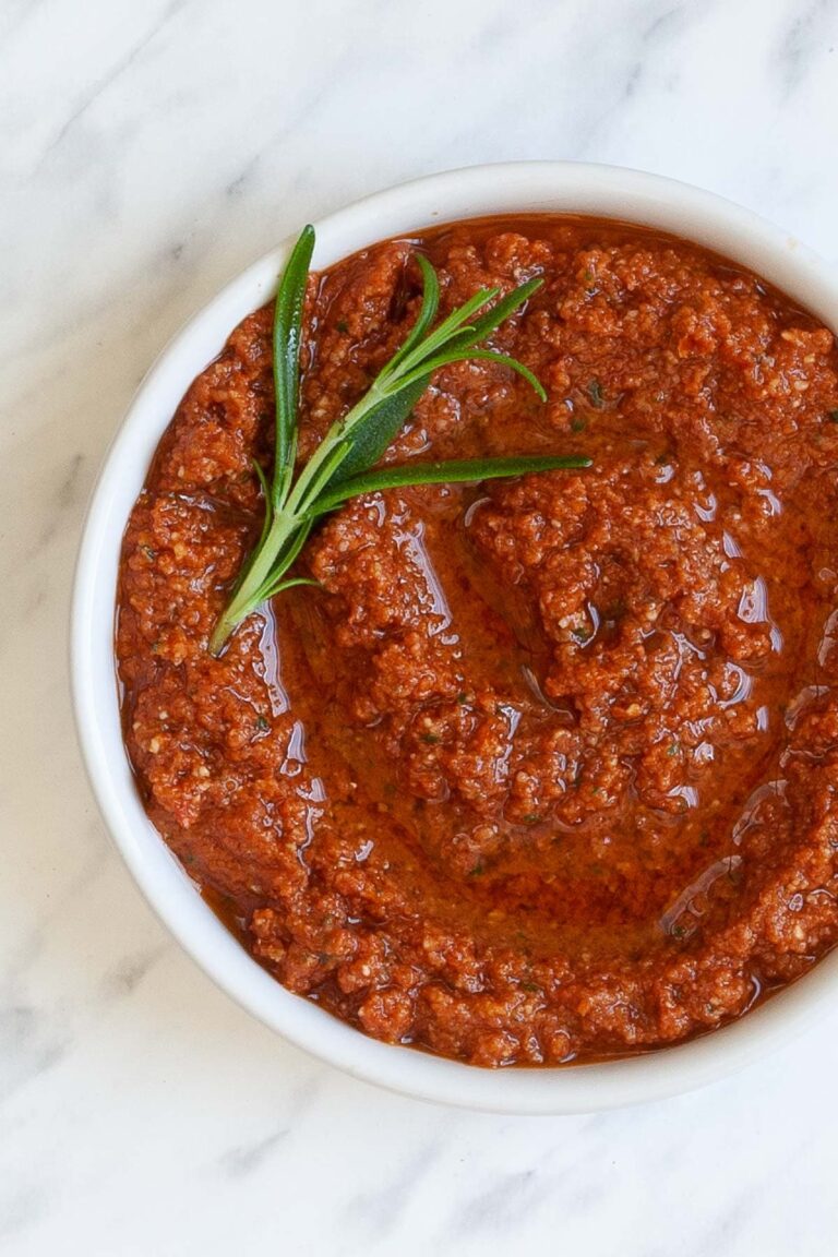 Red pesto with rosemary leaves in a small white bowl.