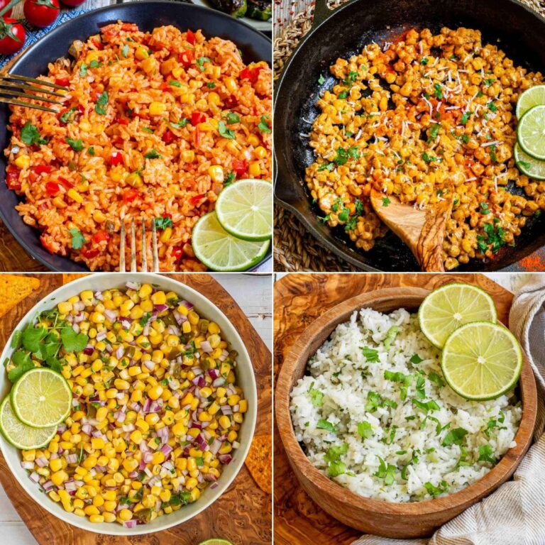 4 photo collage with varied side dishes of rice and corn.