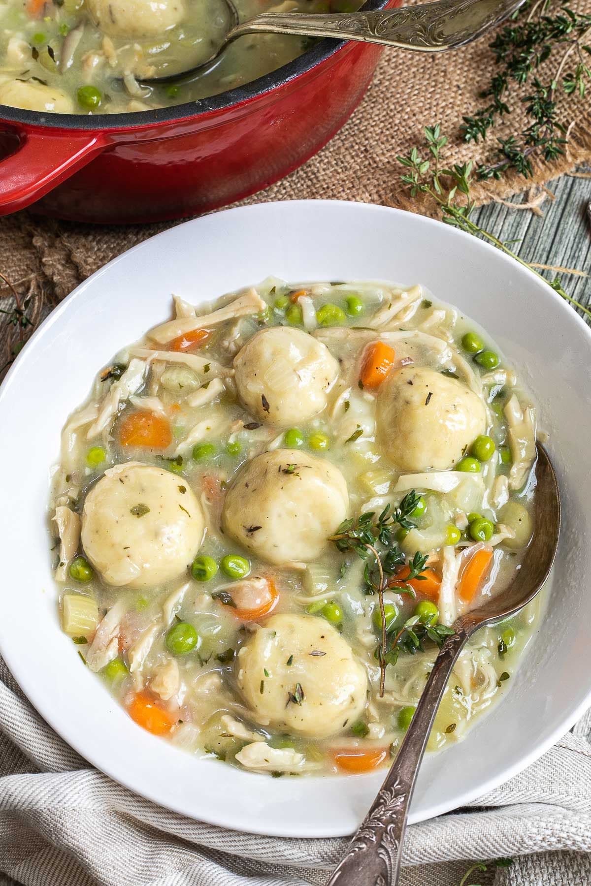 A white plate with dumplings, chopped veggies, shredded mushroom pieces in place of chicken, green herbs in a thick, white stew. A spoon is place in it. The remaining soup is in a red-white enameled Dutch oven next to it.