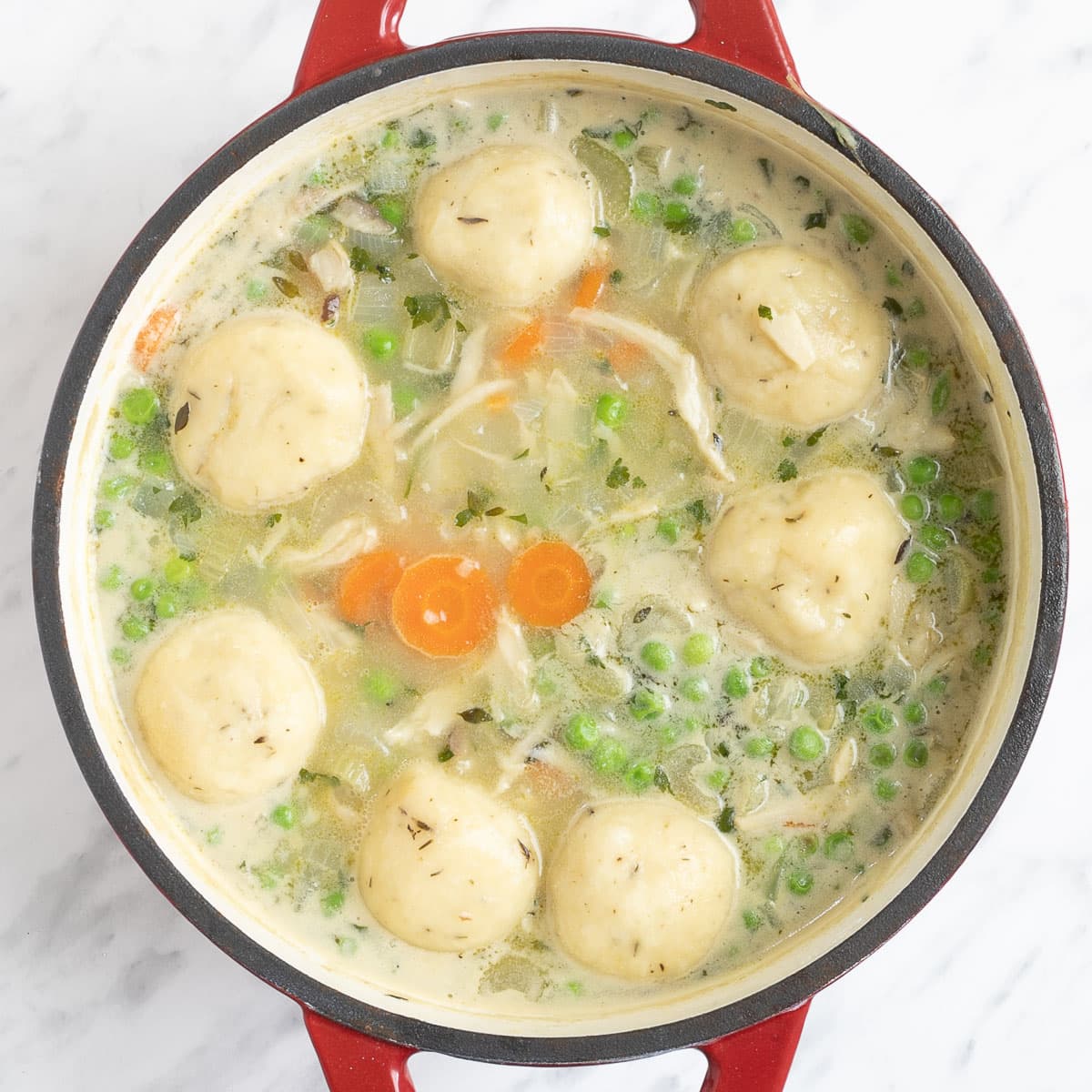 A red-white enameled Dutch oven with dumplings, chopped veggies, shredded mushroom pieces in place of chicken, green herbs in a thick, white stew.