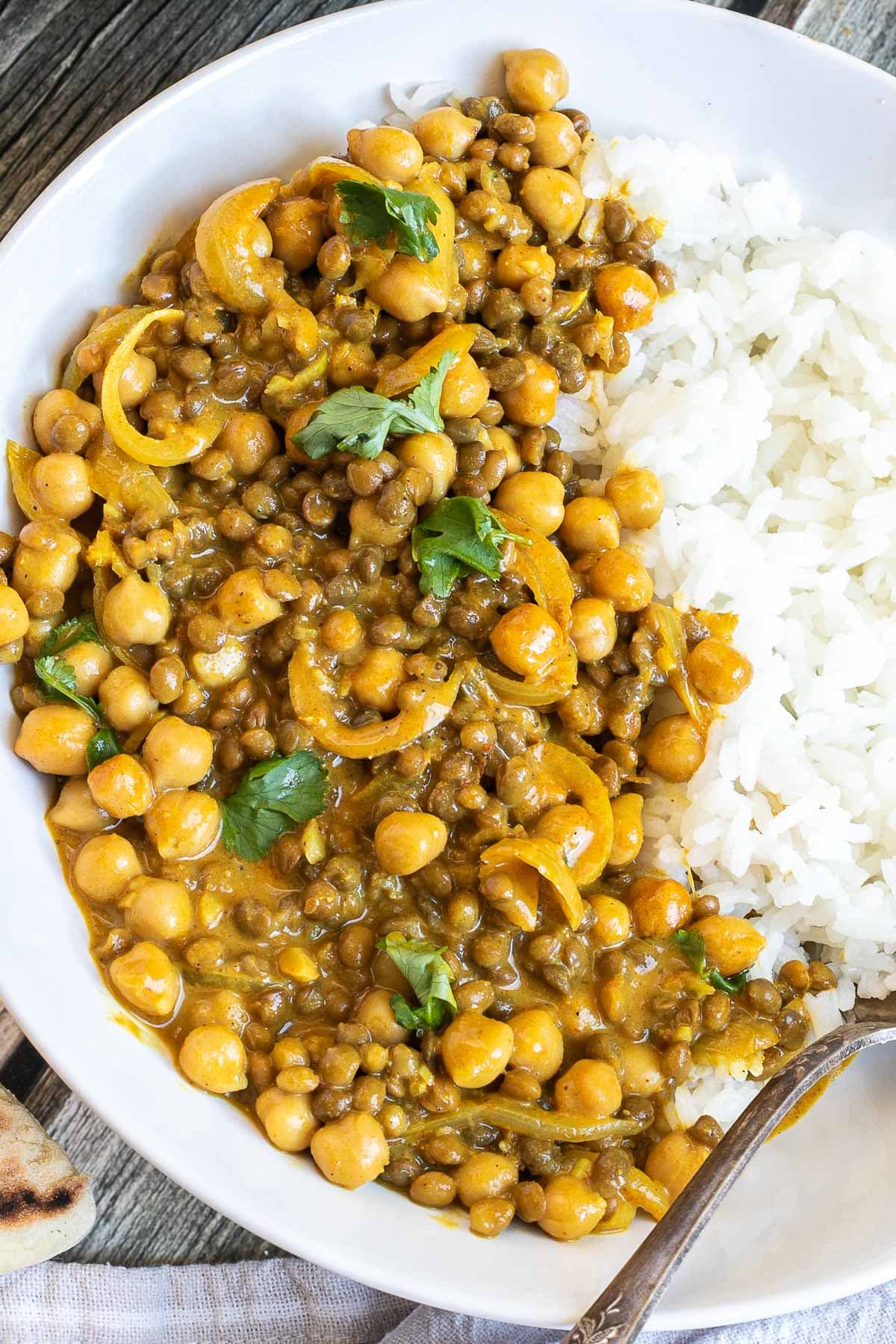 A white plate with white rice, chickpeas, and lentils, in a creamy light brown sauce sprinkled freshly chopped cilantro. A spoon is placed inside.
