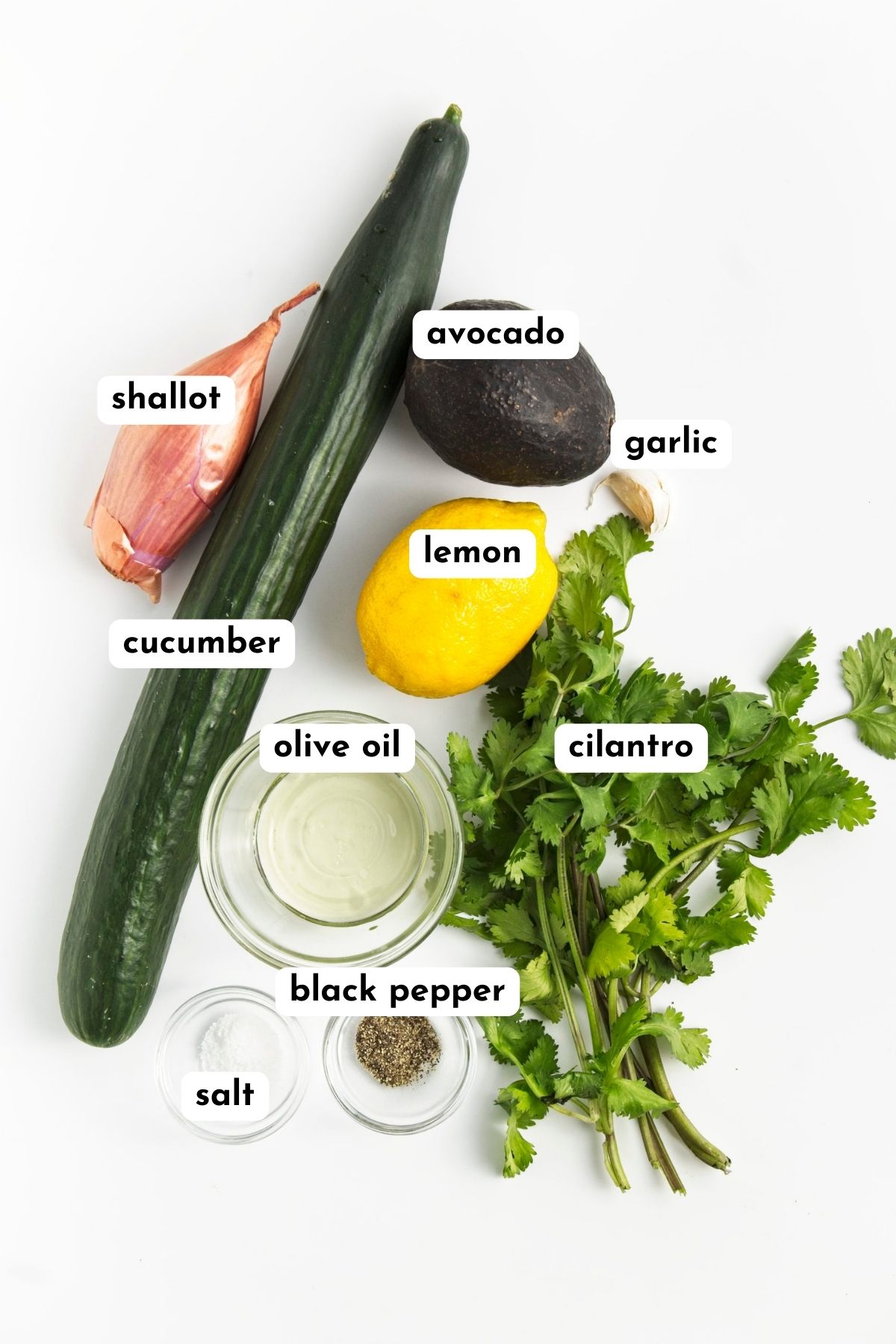 Ingredients of cold cucumber soup on a white surface. They are cucumber, shallot, cilantro, avocado, lemon, garlic. Oil, salt and pepper in small glass bowls.