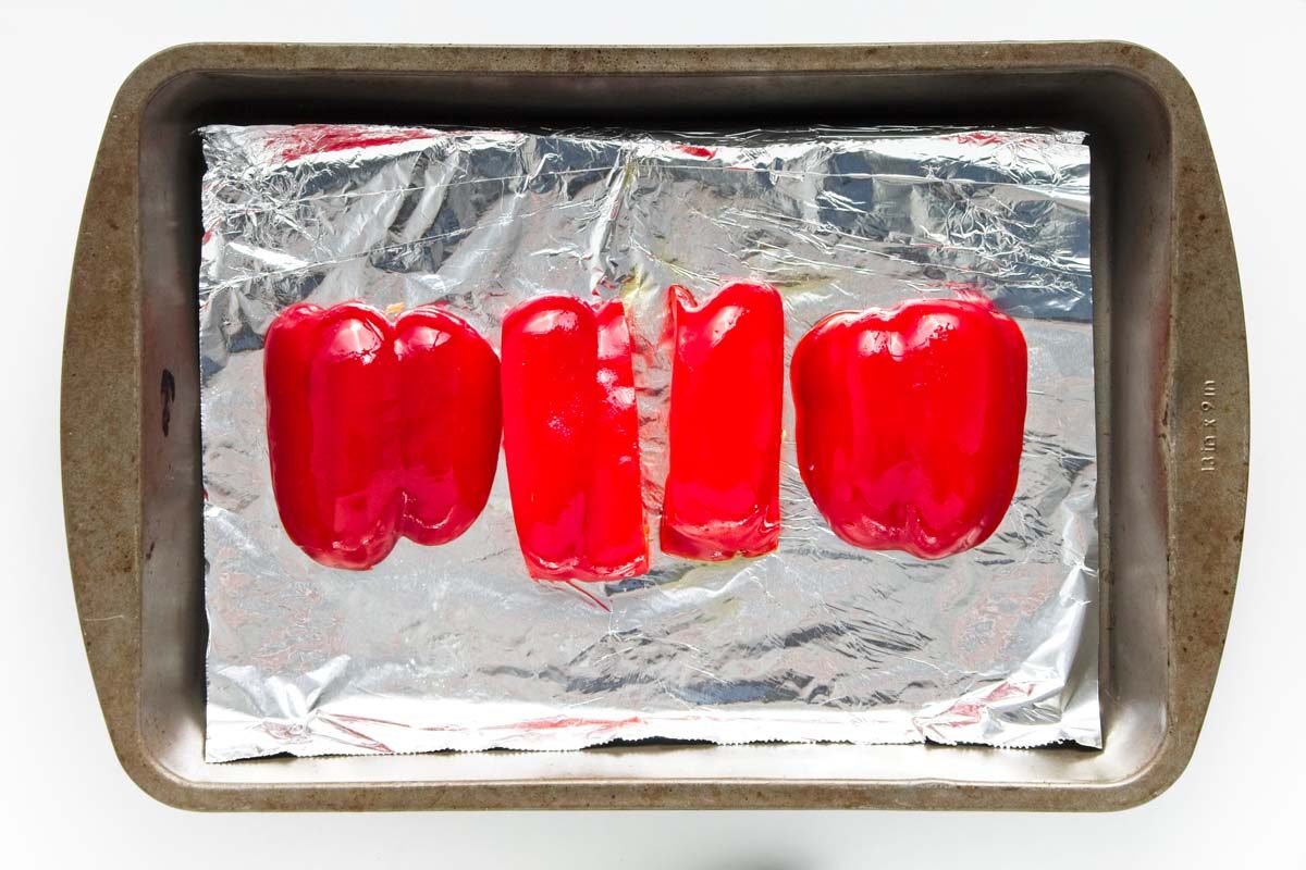Large slices of re peppers on a tin foil