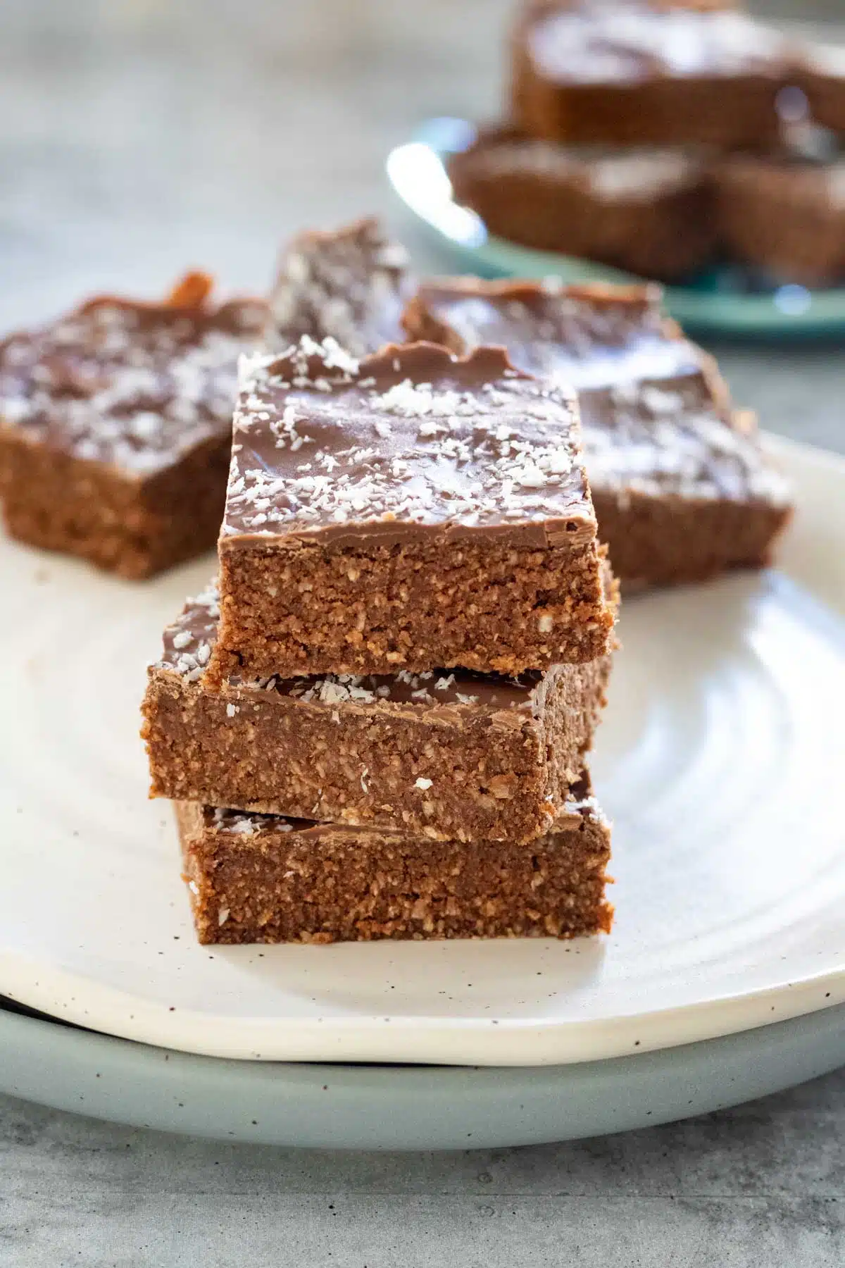 A stack of chocolate bars on a plate.