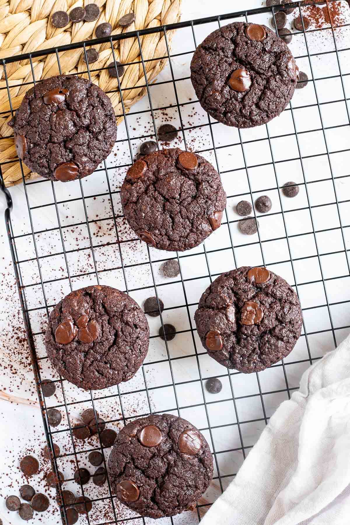 Several chocolate muffins with chocolate chips on a black wire rack. Even more chocolate chips are scattered around and under the rack.