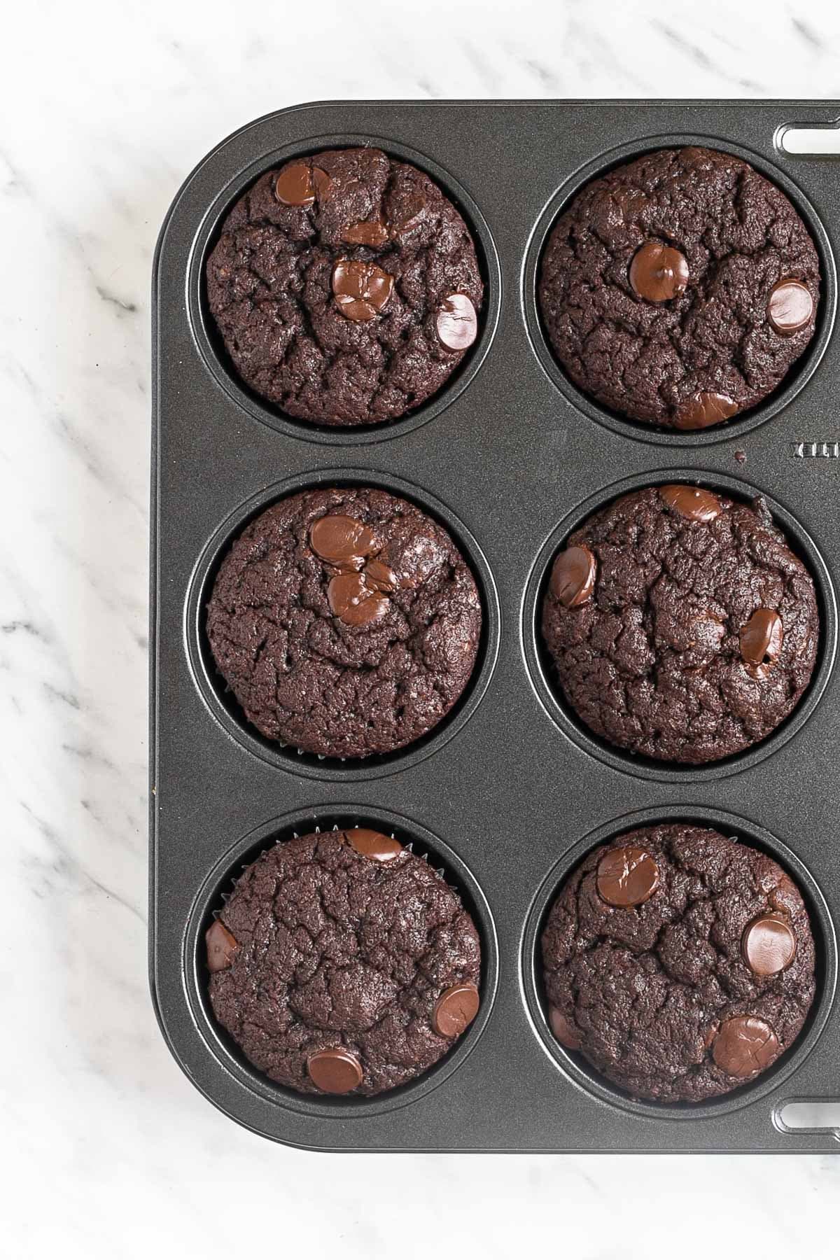Baked chocolate muffins in a muffin tin