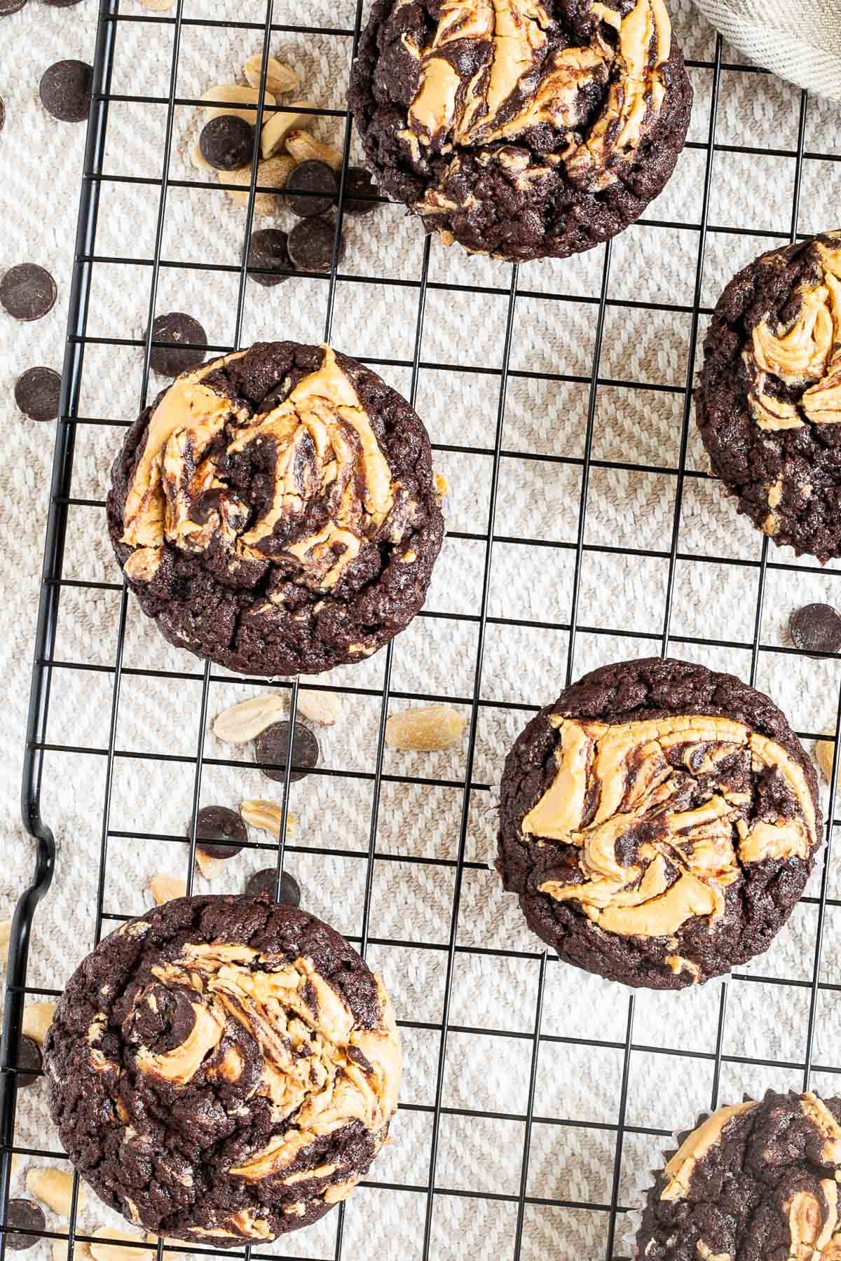 Several chocolate muffins with a peanut butter swirl on top on a black wire rack. Even more chocolate chips and peanuts are scattered around and under the rack.