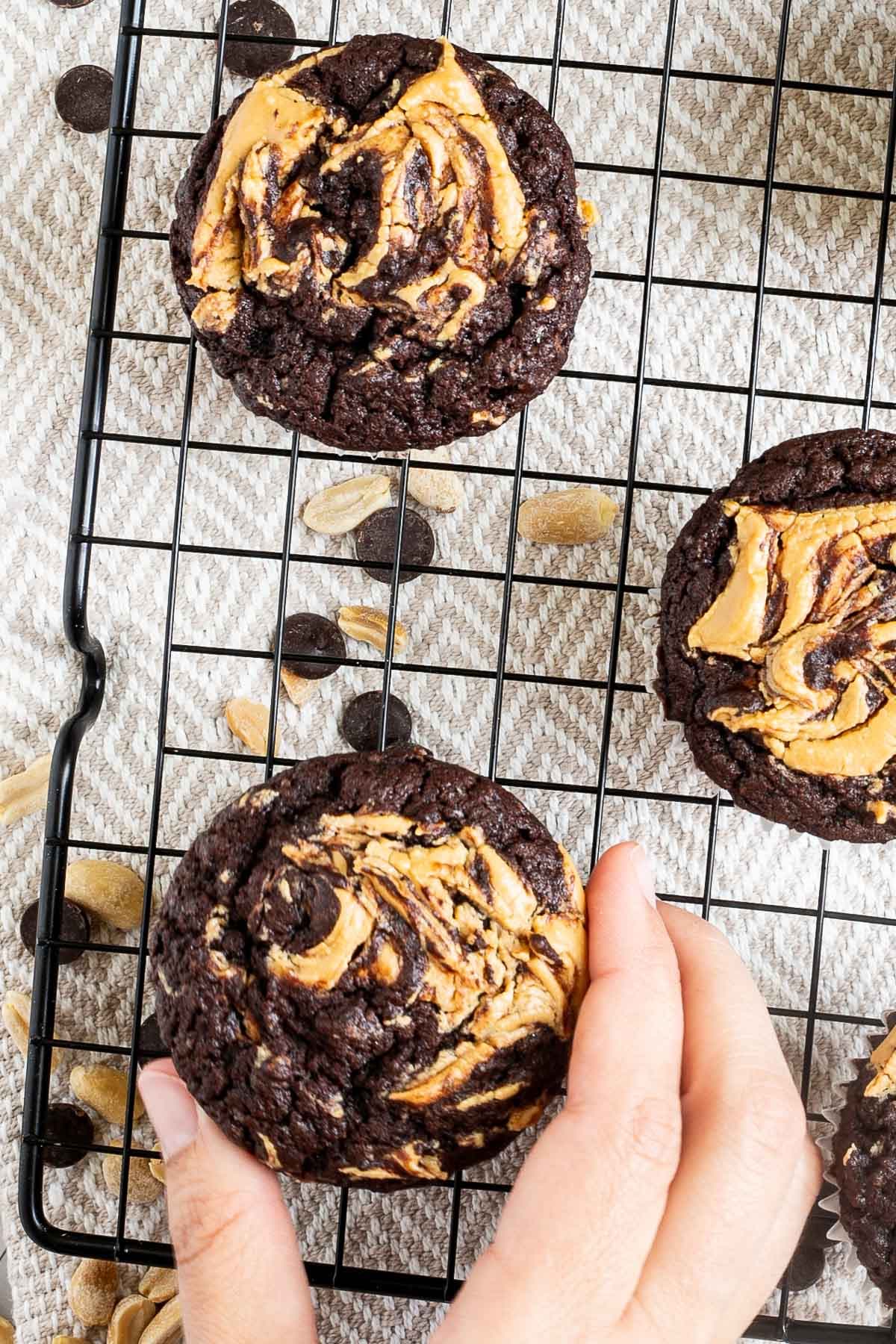 Several chocolate muffins with a peanut butter swirl on top on a black wire rack. Even more chocolate chips and peanuts are scattered around and under the rack. A hand is taking one.
