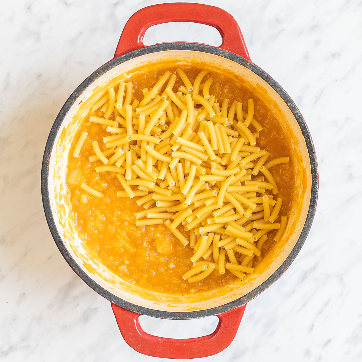 A red white enameled Dutch oven with thick stew-like orange sauce and a heap of short pasta.