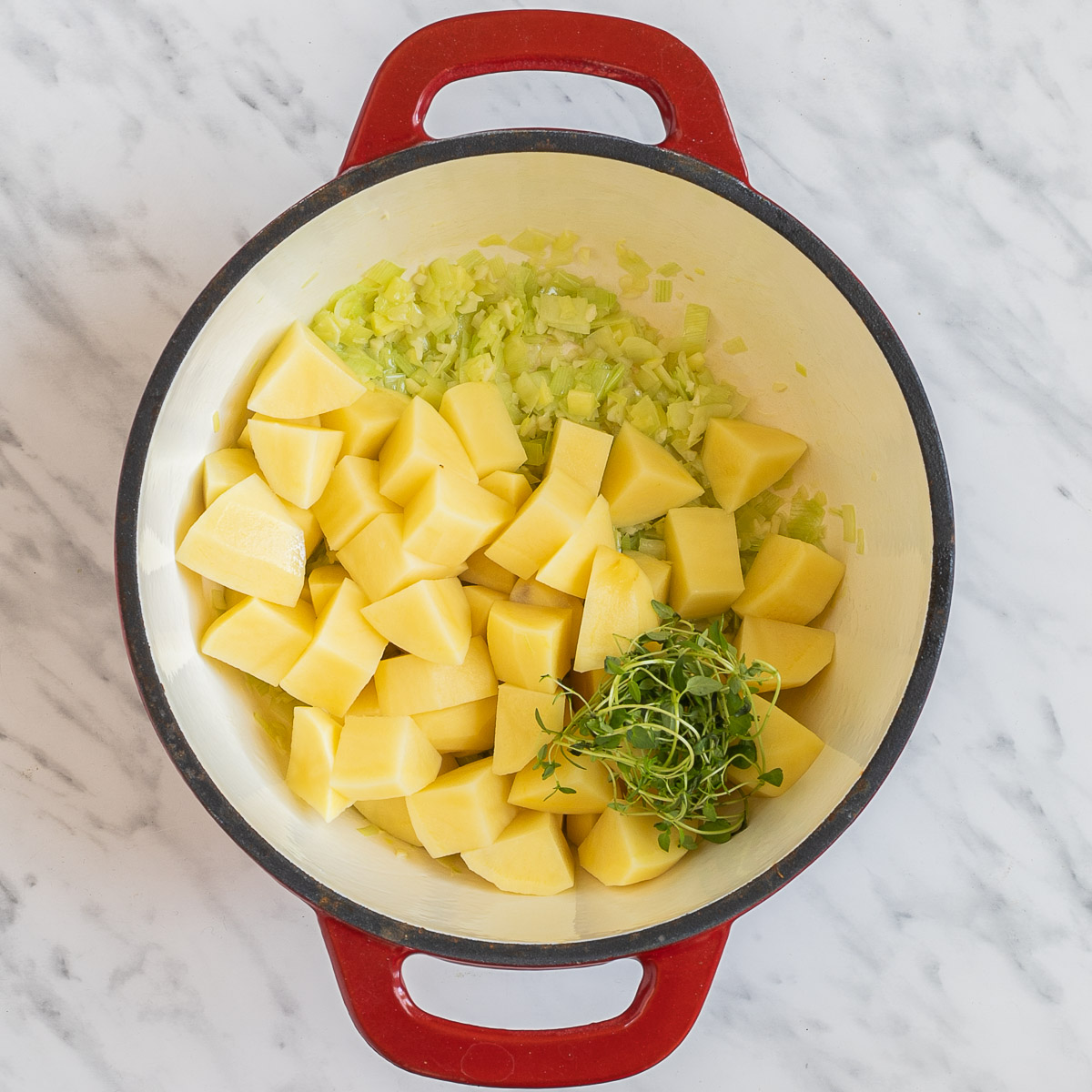 Red and white enameled Dutch oven with large potato chunks, leek slices and green herbs.