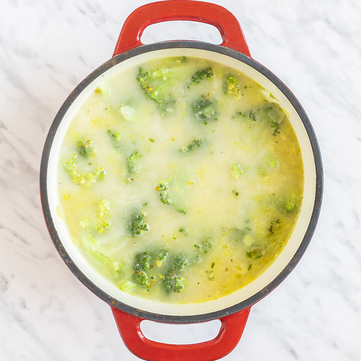 Red and white enameled Dutch oven with yellow stew of large potato chunks, broccoli, leek slices and green herbs.