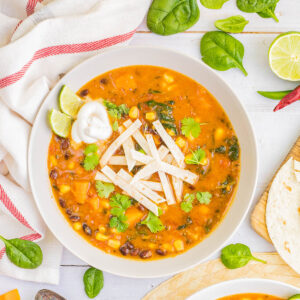A white bowl of orange soup loaded with beans, corn, and topped with tortilla strips and freshly chopped cilantro