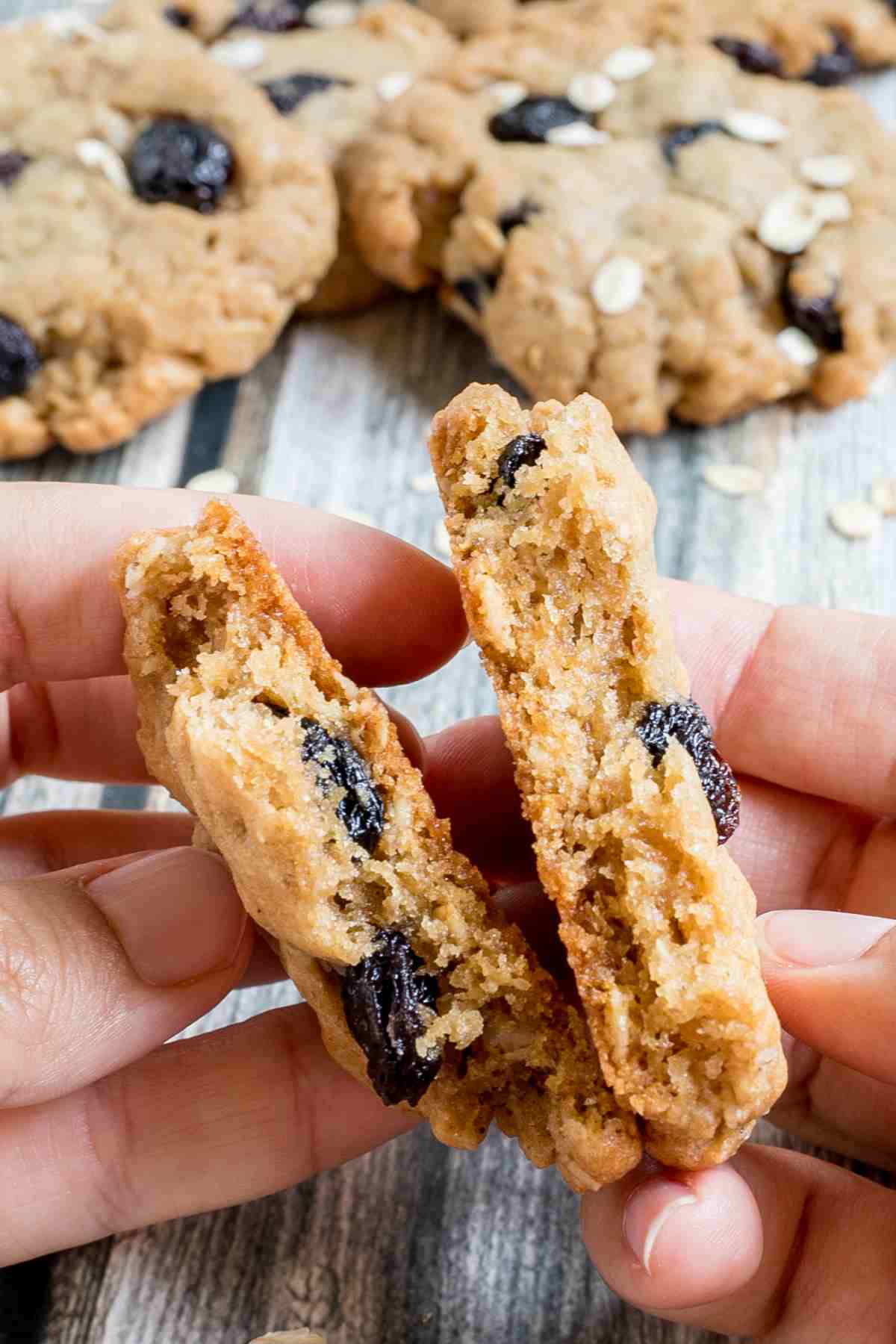 A hand is breaking an oatmeal raisin cookie in half. More cookies are in the background.