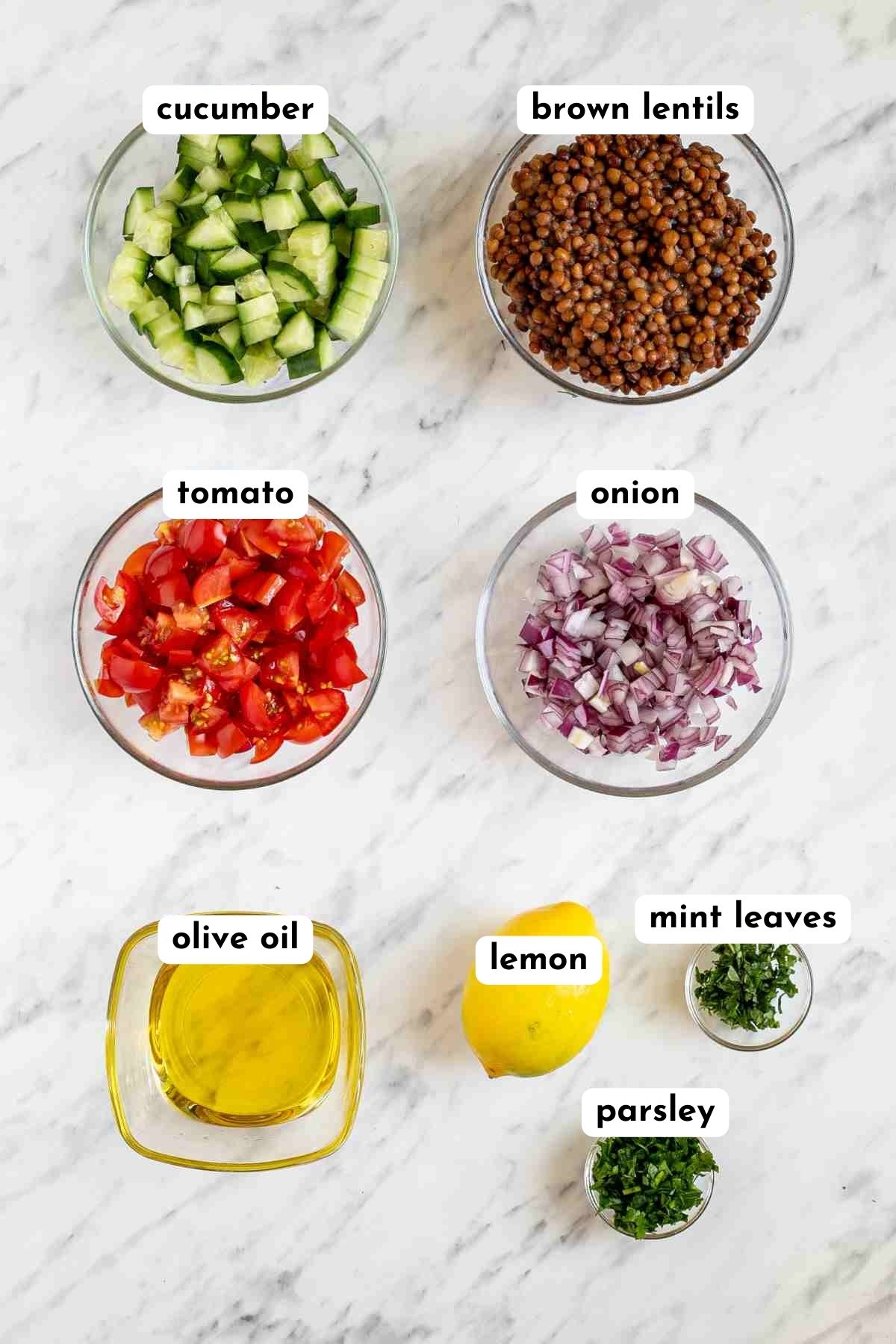 Ingredients of lentil tabboulleh in glass bowls like chopped cucumber, tomato, red onion, brown lentils, mint leaves, oil, parsley and one lemon.