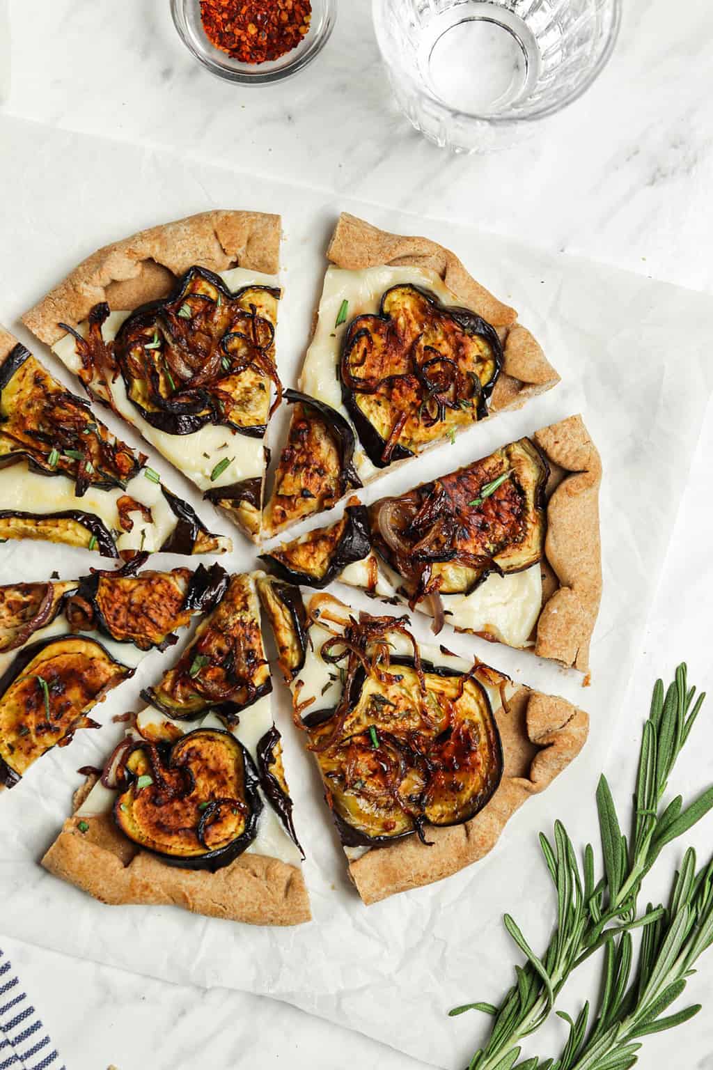 top view of pizza with roasted eggplant.