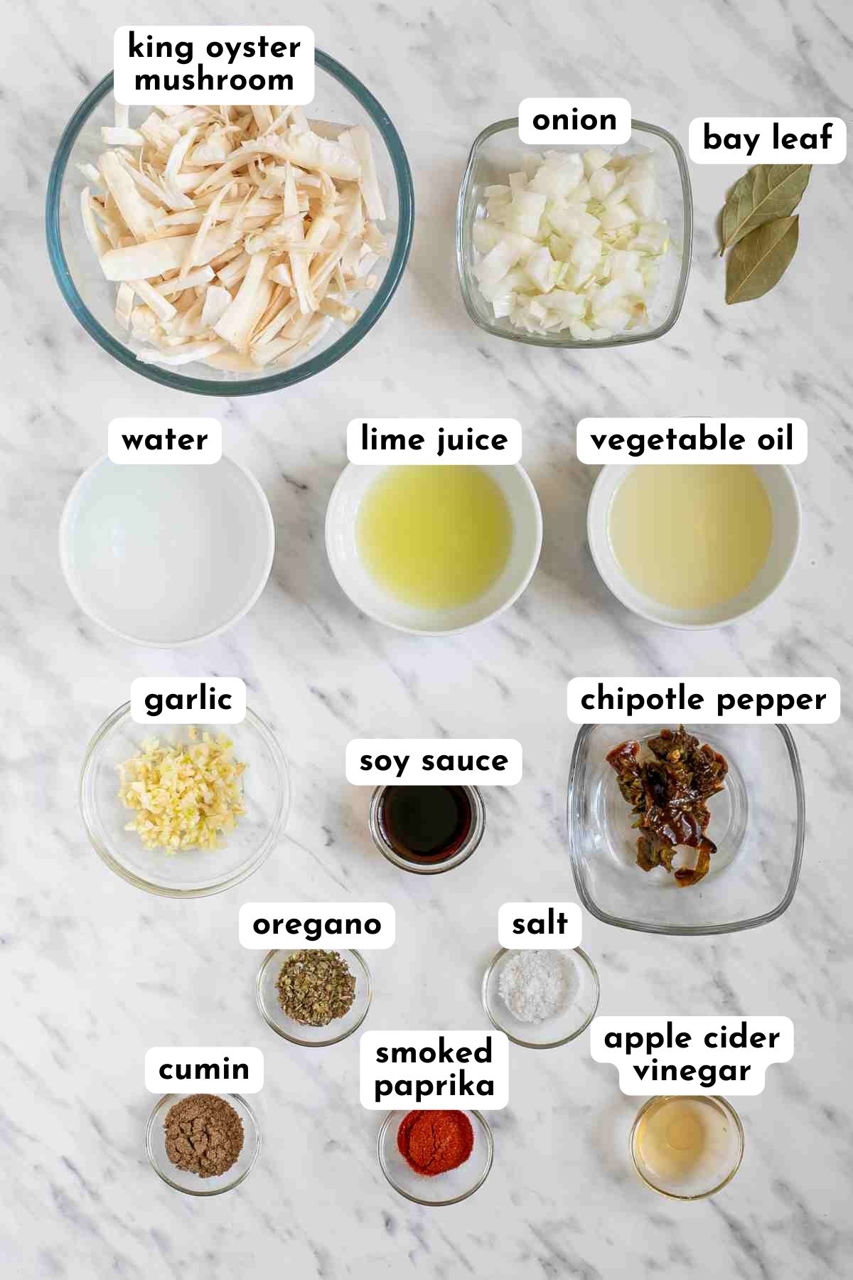 Ingredients of vegan shredded beef in small glass bowls