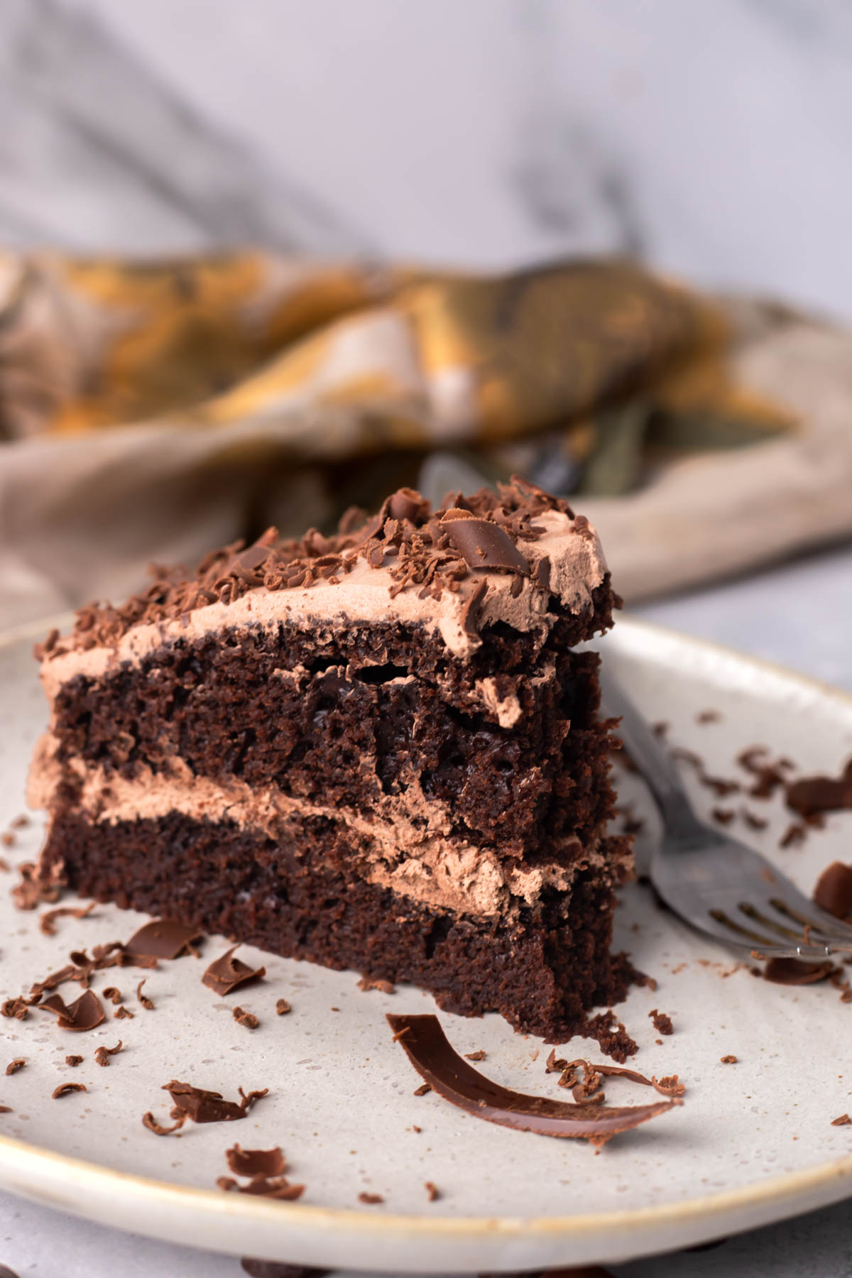 Slice of chocolate cake on a white plate.