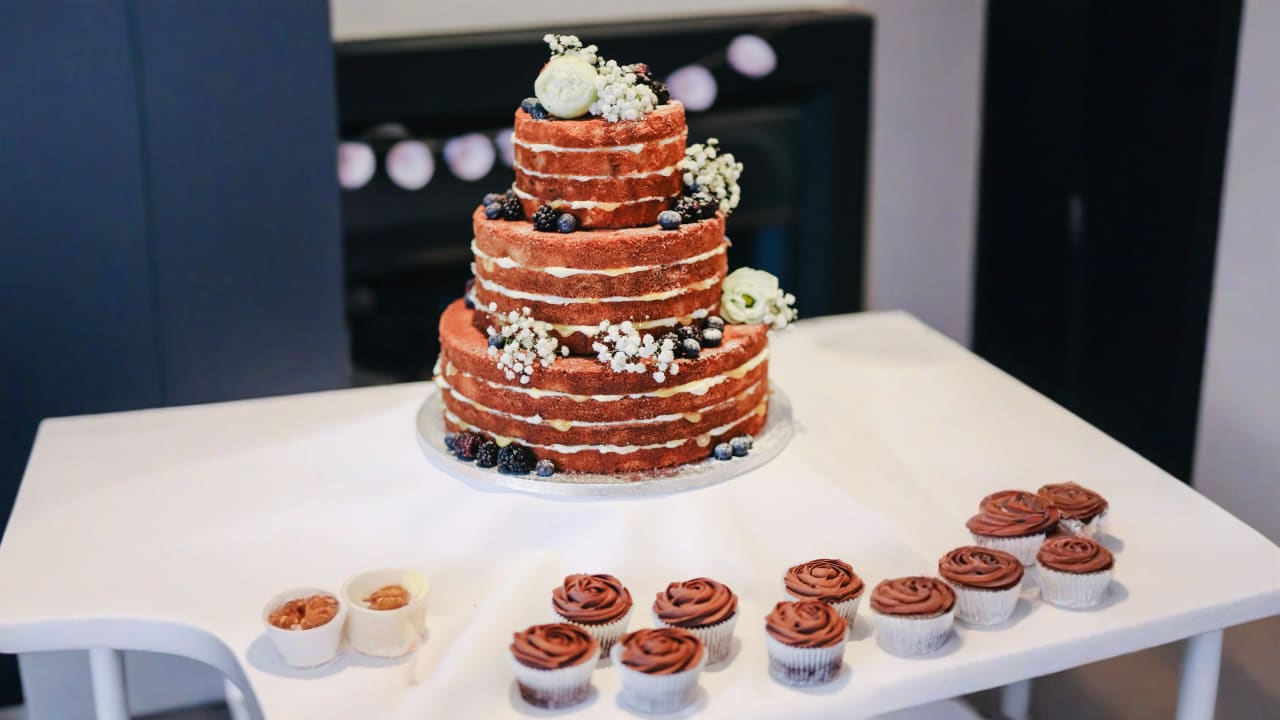 icing-covered cake beside cupcakes
