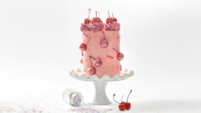 pink cherry cake on white footed cake tray