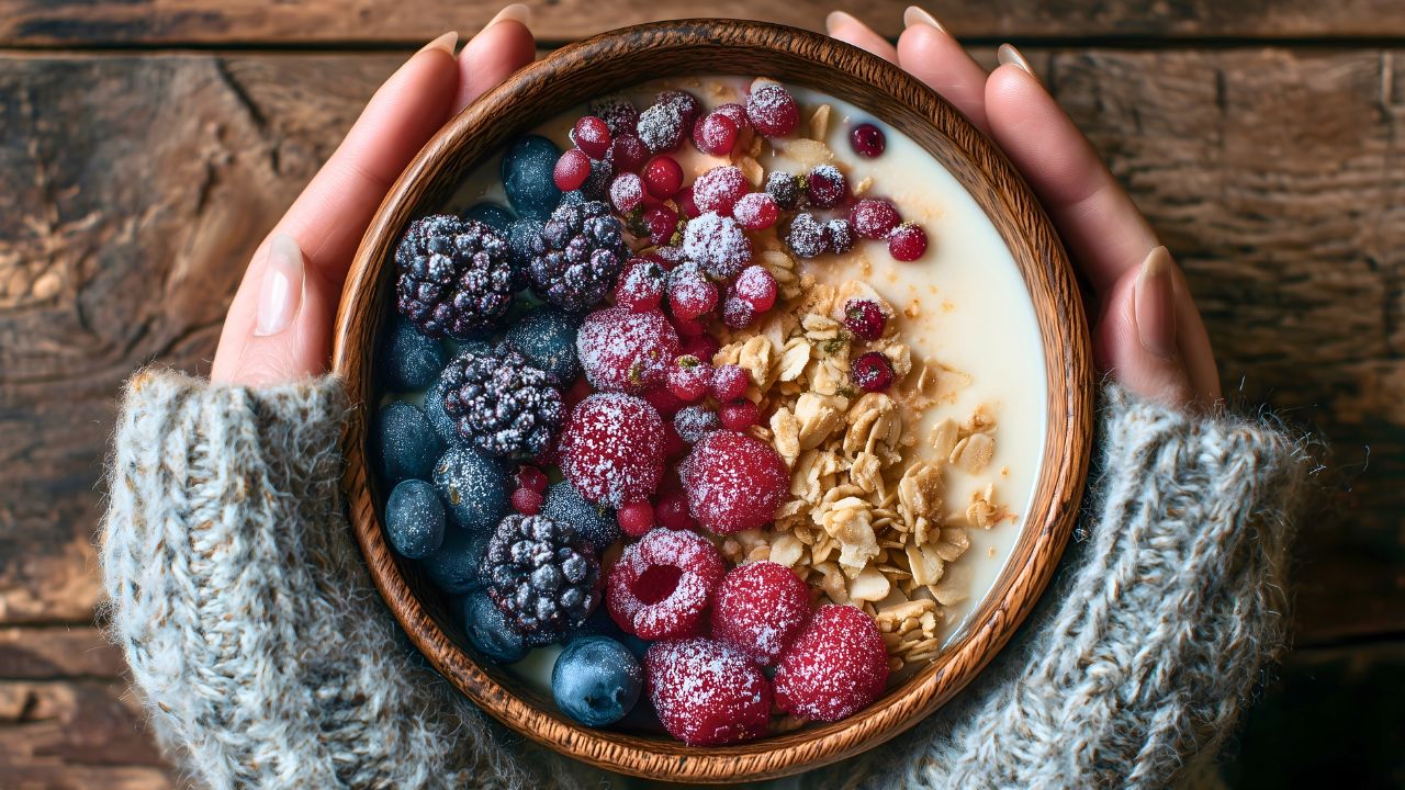 Hands holding a wooden bowl of yogurt topped with berries and granola.