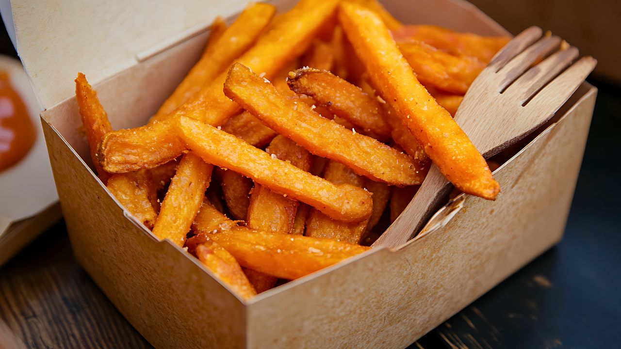 Golden fries in a cardboard takeout box with a wooden fork.