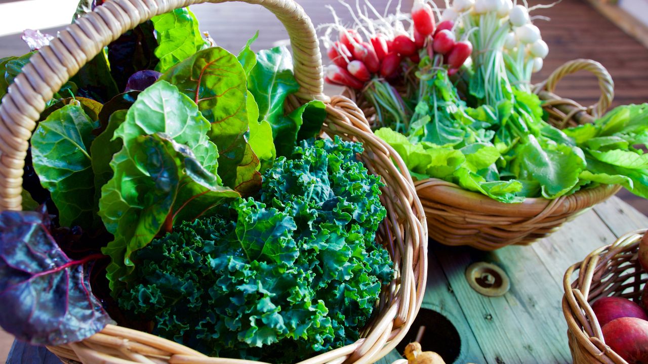 Woven baskets filled with fresh leafy greens, radishes, and lettuce on a wooden table.