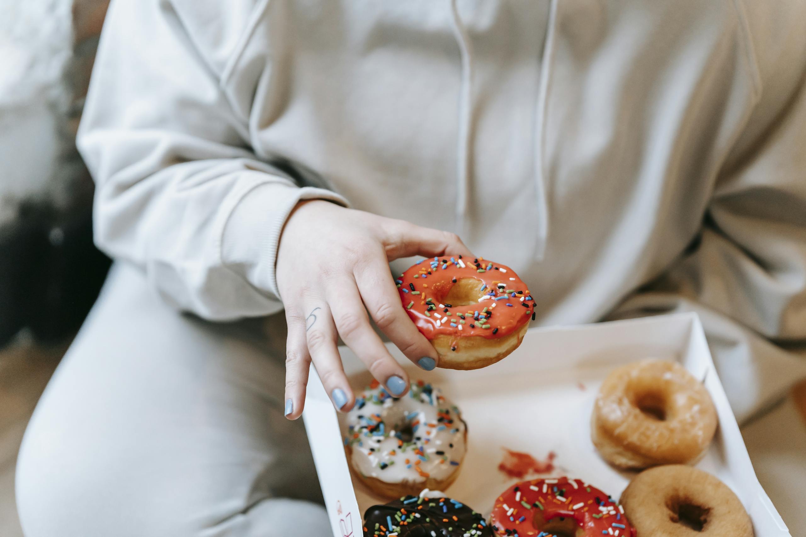 A person enjoying a variety of colorful donuts with sprinkles in a cozy indoor setting.