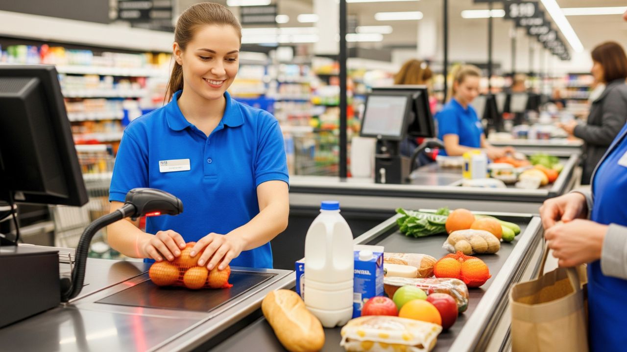 A cashier scans oranges at a supermarket checkout with groceries on the conveyor.