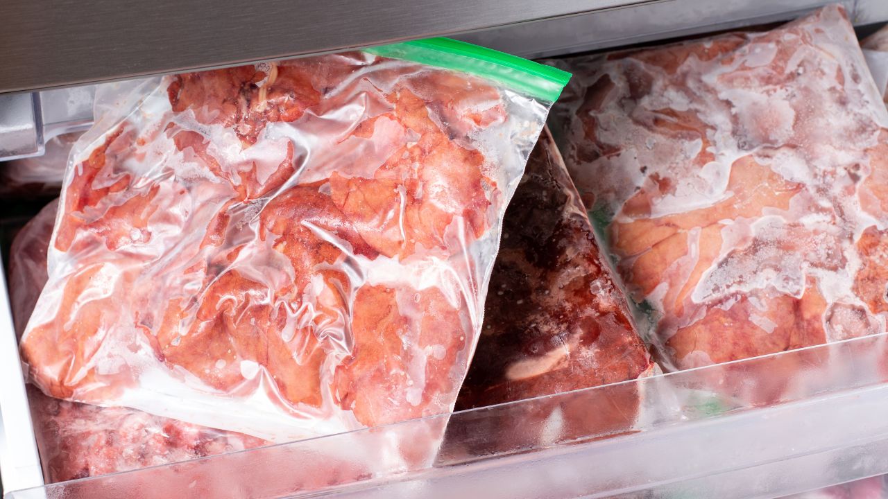 Zip-top bags of frozen raw meat stored in a freezer drawer.
