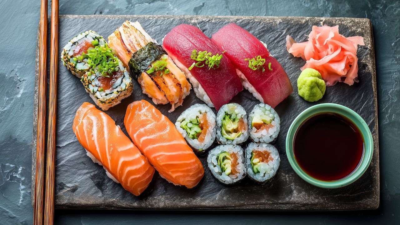 An assorted sushi platter with soy sauce, wasabi, ginger, and chopsticks on a slate plate.