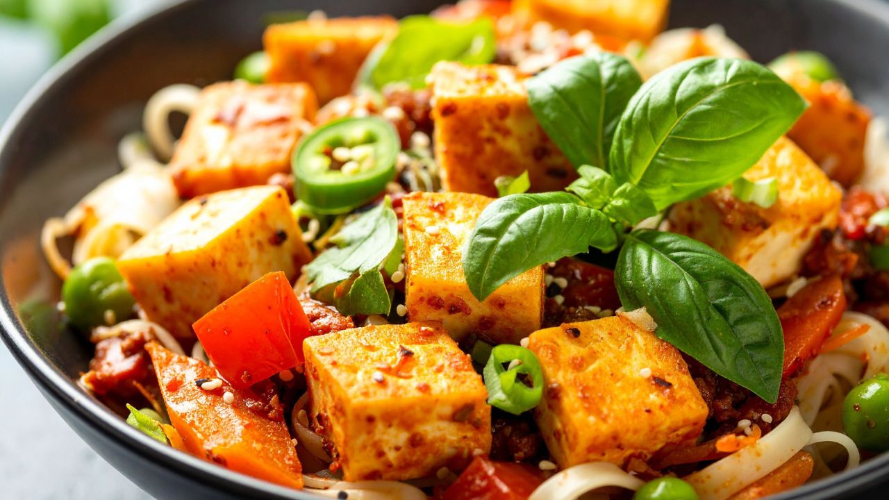 A bowl of noodles topped with tofu, basil, chilies, and vegetables.